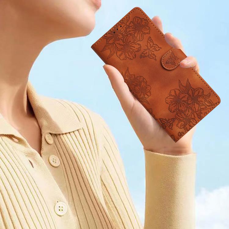 For iPhone 16e Cherry Blossom Butterfly Skin Feel Embossed PU Phone Case(Brown) - iPhone 16e Cases by PMC TechLife | Online Shopping South Africa | PMC TechLife | Buy Now Pay Later Mobicred