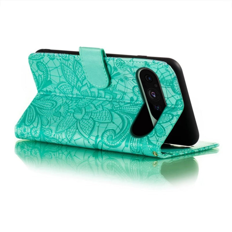 For Google Pixel 9 Lace Flower Embossing Flip Leather Phone Case(Green) - Google Cases by PMC Jewellery | Online Shopping South Africa | PMC Jewellery | Buy Now Pay Later Mobicred