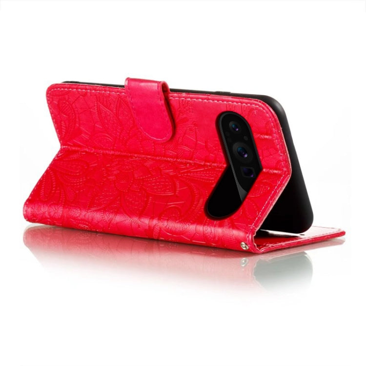 For Google Pixel 9 Pro Lace Flower Embossing Flip Leather Phone Case(Red) - Google Cases by PMC TechLife | Online Shopping South Africa | PMC TechLife | Buy Now Pay Later Mobicred