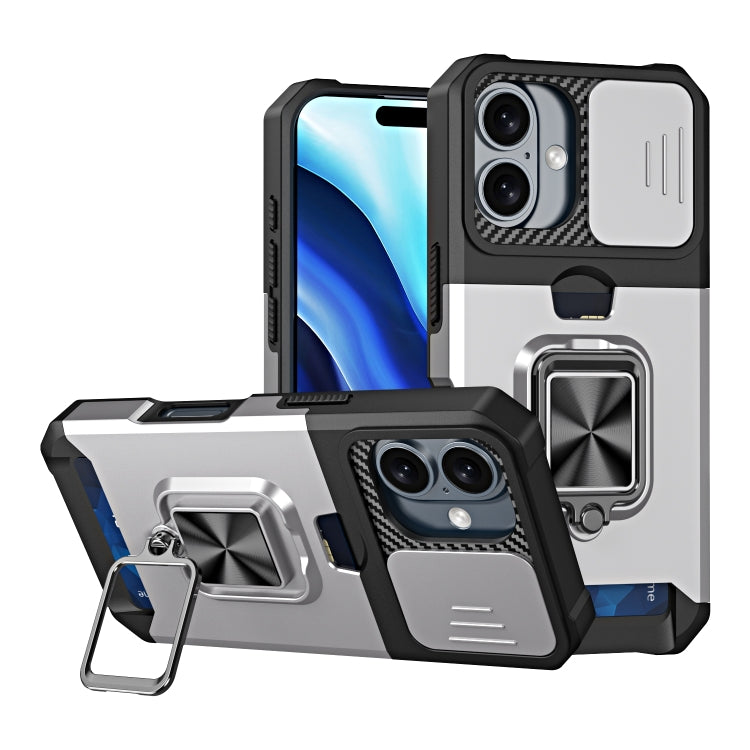 For iPhone 16 Camera Shield Card Slot PC+TPU Phone Case(Silver) - iPhone 16 Cases by PMC Jewellery | Online Shopping South Africa | PMC Jewellery | Buy Now Pay Later Mobicred