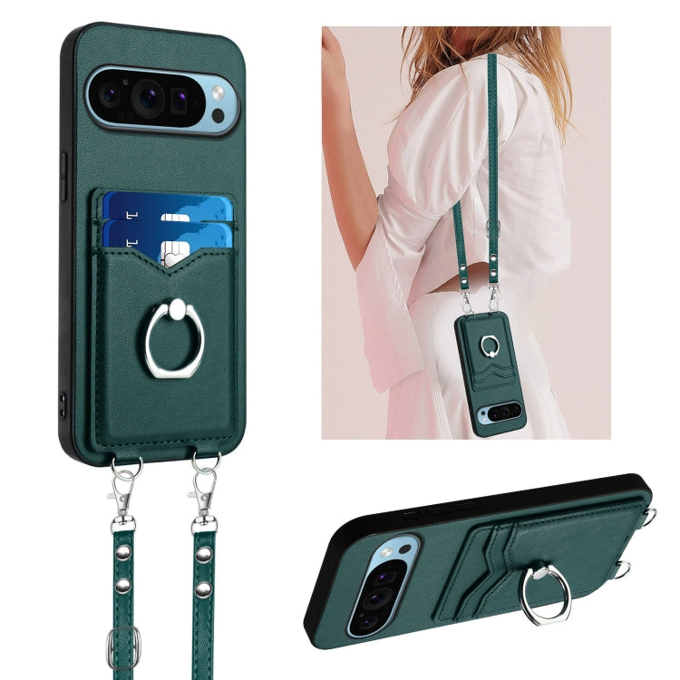 For Google Pixel 9 / 9 Pro R20 Crossbody Rope Ring Card Holder Phone Case(Green) - Google Cases by PMC Jewellery | Online Shopping South Africa | PMC Jewellery | Buy Now Pay Later Mobicred