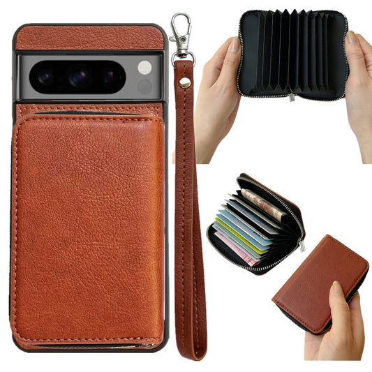 For Google Pixel 9 / 9 Pro Solid Color Zipper 11-Card Slots Bag Phone Case with Lanyard(Brown) - Google Cases by PMC Jewellery | Online Shopping South Africa | PMC Jewellery | Buy Now Pay Later Mobicred