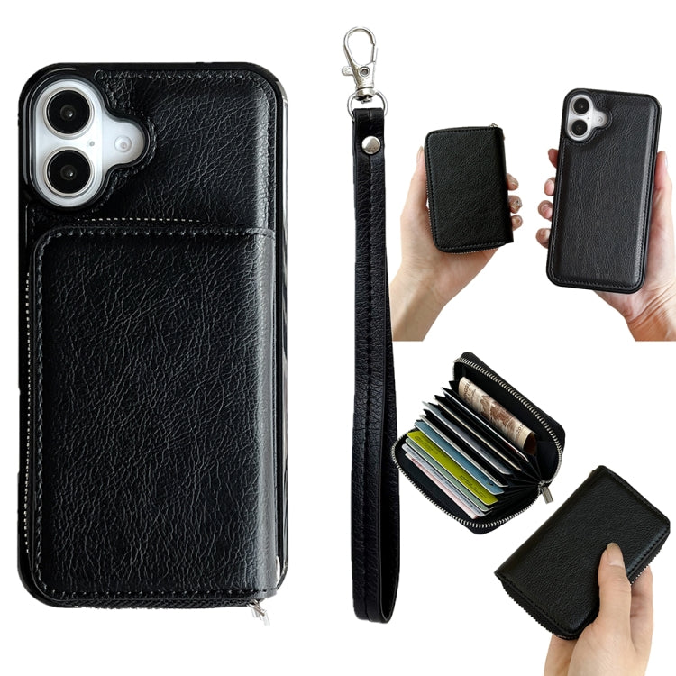 For iPhone 16 Plus Solid Color Zipper 11-Card Slots Bag Phone Case with Lanyard(Black) - iPhone 16 Plus Cases by PMC Jewellery | Online Shopping South Africa | PMC Jewellery | Buy Now Pay Later Mobicred