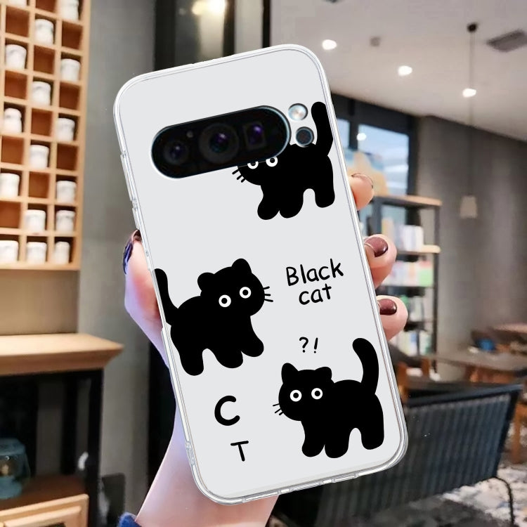 For Google Pixel 9 Pro Colored Drawing Pattern Transparent TPU Phone Case(Black Cat) - Google Cases by PMC Jewellery | Online Shopping South Africa | PMC Jewellery | Buy Now Pay Later Mobicred