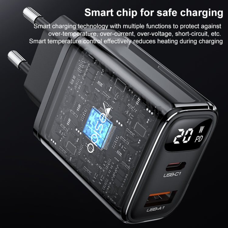 Yesido YC68 20W USB-C / Type-C + USB Digital Display Charger, Specification:EU Plug(Black) - free shipping - PMC TechLife - Order now!