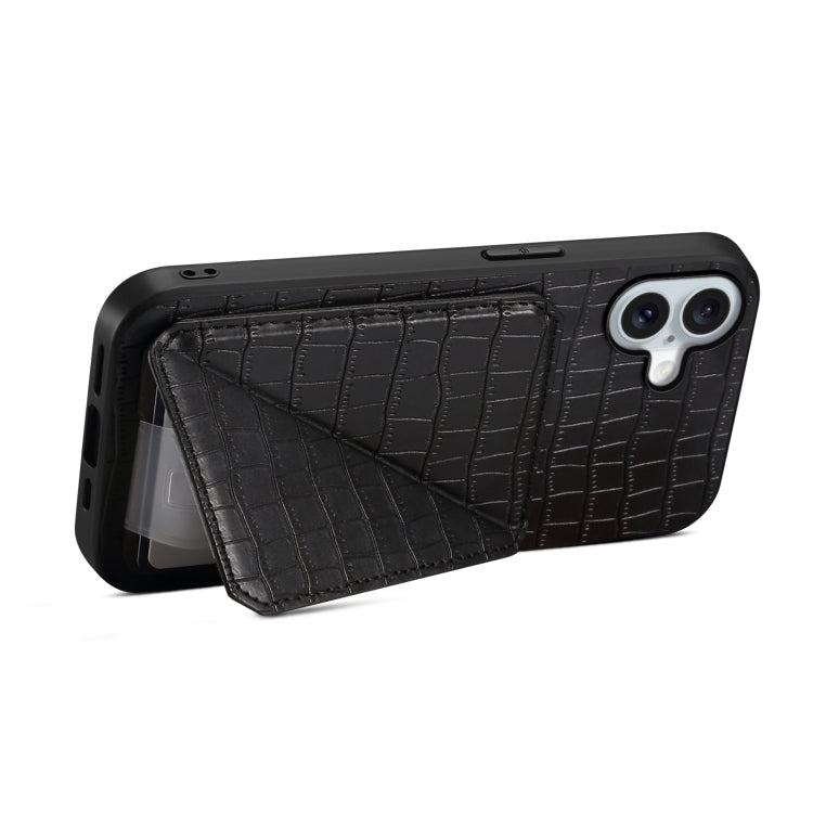 For iPhone 16 Imitation Crocodile Leather Back Phone Case with Holder(Black) - iPhone 16 Cases by PMC Jewellery | Online Shopping South Africa | PMC Jewellery | Buy Now Pay Later Mobicred