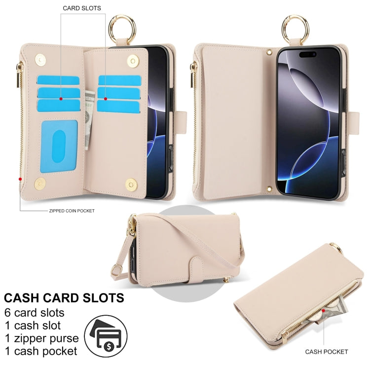 For iPhone 16 Pro Max Crossbody Ring Multifunctional Wallet Leather Phone Case(White) - iPhone 16 Pro Max Cases by PMC Jewellery | Online Shopping South Africa | PMC Jewellery | Buy Now Pay Later Mobicred