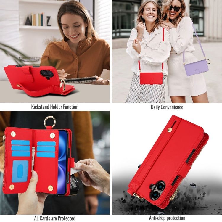 For iPhone 16 Plus Crossbody Ring Multifunctional Wallet Leather Phone Case(Red) - iPhone 16 Plus Cases by PMC Jewellery | Online Shopping South Africa | PMC Jewellery | Buy Now Pay Later Mobicred