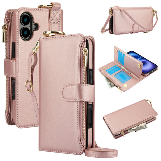 For iPhone 16 Plus Crossbody Ring Multifunctional Wallet Leather Phone Case(Rose Gold) - iPhone 16 Plus Cases by PMC Jewellery | Online Shopping South Africa | PMC Jewellery | Buy Now Pay Later Mobicred