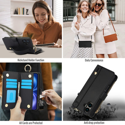 For iPhone 16 Crossbody Ring Multifunctional Wallet Leather Phone Case(Black) - iPhone 16 Cases by PMC Jewellery | Online Shopping South Africa | PMC Jewellery | Buy Now Pay Later Mobicred