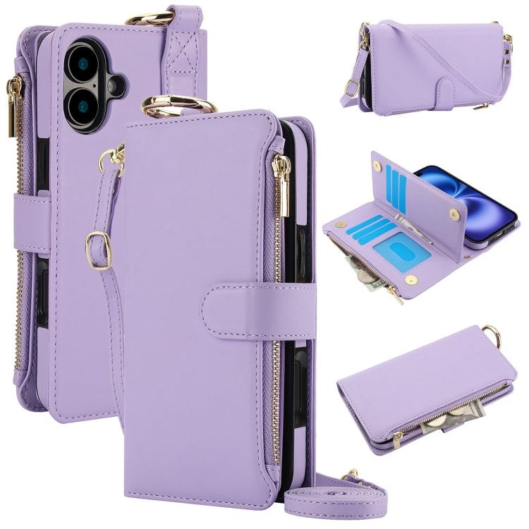 For iPhone 16 Crossbody Ring Multifunctional Wallet Leather Phone Case(Purple) - iPhone 16 Cases by PMC Jewellery | Online Shopping South Africa | PMC Jewellery | Buy Now Pay Later Mobicred