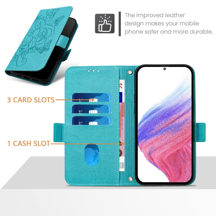 For iPhone 16 Plus Embossed Rose RFID Anti-theft Leather Phone Case(Light Blue) - iPhone 16 Plus Cases by PMC TechLife | Online Shopping South Africa | PMC TechLife | Buy Now Pay Later Mobicred