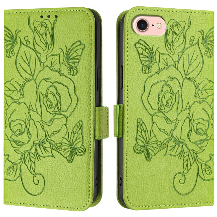 For iPhone SE 2024 Embossed Rose RFID Anti-theft Leather Phone Case(Green) - More iPhone Cases by PMC Jewellery | Online Shopping South Africa | PMC Jewellery | Buy Now Pay Later Mobicred