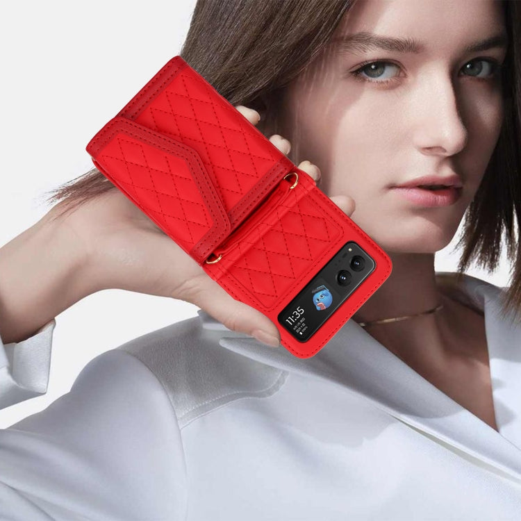 For Motorola Razr 40 Splicing Rhombic Texture Phone Case with Long & Short Lanyard(Red) - Motorola Cases by PMC TechLife | Online Shopping South Africa | PMC TechLife | Buy Now Pay Later Mobicred