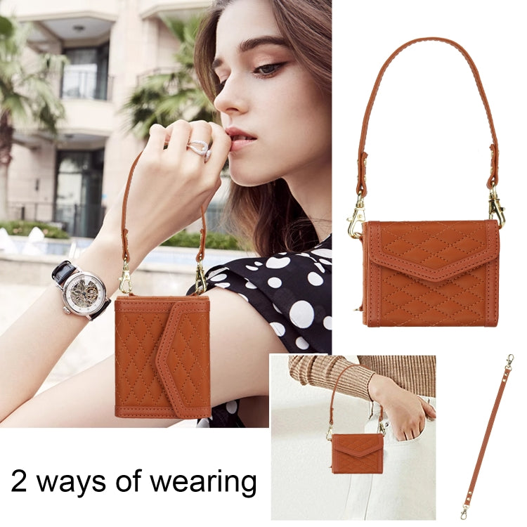 For Motorola Razr 40 Splicing Rhombic Texture Phone Case with Long & Short Lanyard(Brown) - Motorola Cases by PMC TechLife | Online Shopping South Africa | PMC TechLife | Buy Now Pay Later Mobicred