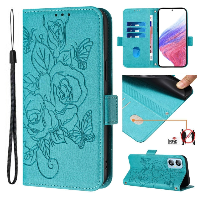 For Blackview A52 Embossed Rose RFID Anti-theft Leather Phone Case(Light Blue) - More Brand by PMC Jewellery | Online Shopping South Africa | PMC Jewellery | Buy Now Pay Later Mobicred