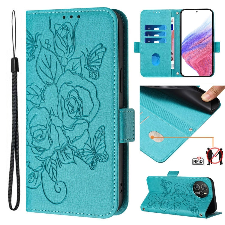 For Blackview Shark 8 Embossed Rose RFID Anti-theft Leather Phone Case(Light Blue) - More Brand by PMC TechLife | Online Shopping South Africa | PMC TechLife | Buy Now Pay Later Mobicred