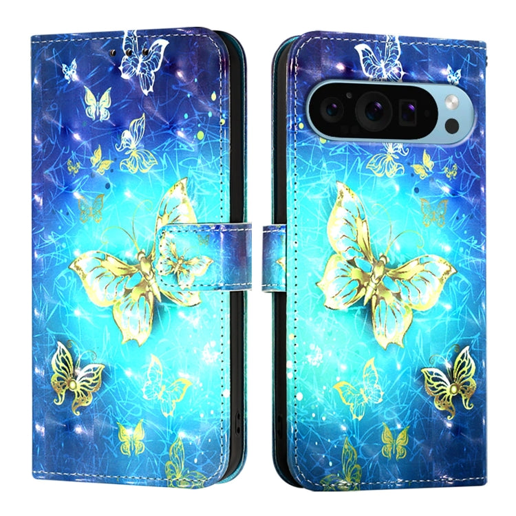 For Google Pixel 9 3D Painting Horizontal Flip Leather Phone Case(Golden Butterfly) - Google Cases by PMC Jewellery | Online Shopping South Africa | PMC Jewellery | Buy Now Pay Later Mobicred