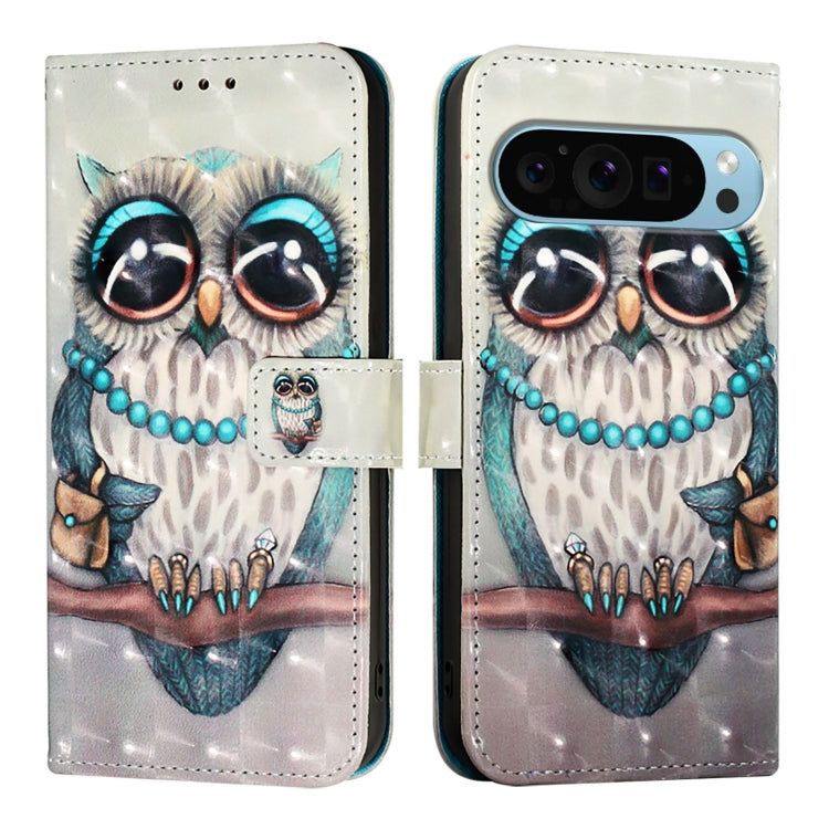 For Google Pixel 9 3D Painting Horizontal Flip Leather Phone Case(Grey Owl) - Google Cases by PMC Jewellery | Online Shopping South Africa | PMC Jewellery | Buy Now Pay Later Mobicred