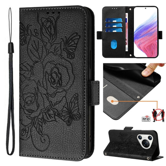 For Huawei Pura 70 Embossed Rose RFID Anti-theft Leather Phone Case(Black) - Huawei Cases by PMC Jewellery | Online Shopping South Africa | PMC Jewellery | Buy Now Pay Later Mobicred