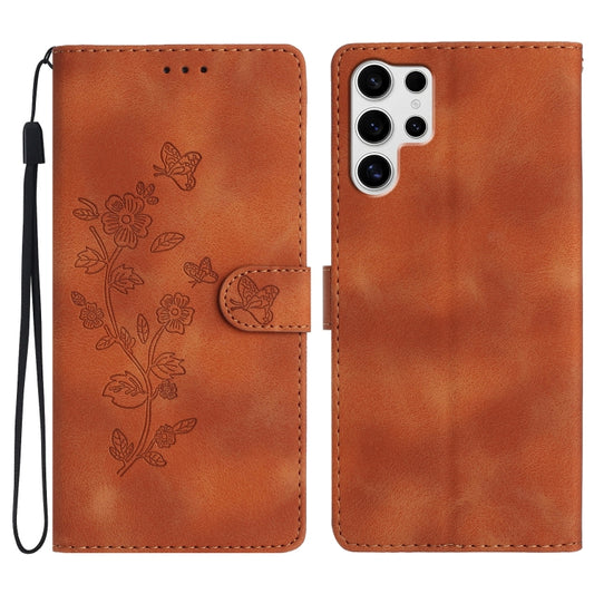 For Samsung Galaxy S25 Ultra 5G Flower Butterfly Embossing Pattern Leather Phone Case(Brown) - Galaxy S25 Ultra 5G Cases by PMC Jewellery | Online Shopping South Africa | PMC Jewellery | Buy Now Pay Later Mobicred