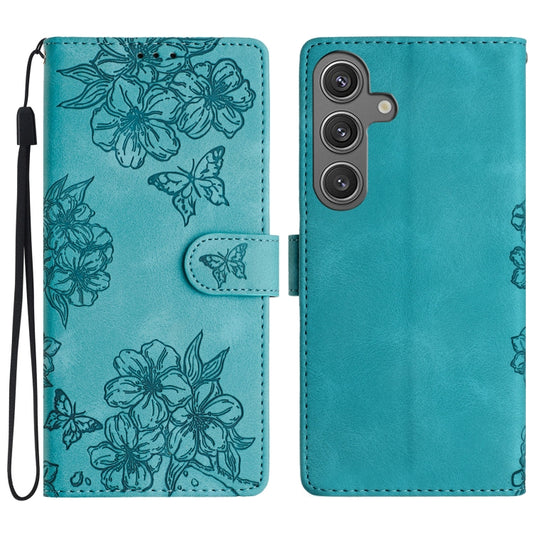 For Samsung Galaxy S25 5G Cherry Blossom Butterfly Skin Feel Embossed PU Phone Case(Green) - Galaxy S25 5G Cases by PMC Jewellery | Online Shopping South Africa | PMC Jewellery | Buy Now Pay Later Mobicred