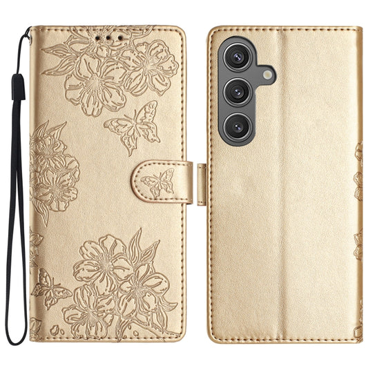 For Samsung Galaxy S25+ 5G Cherry Blossom Butterfly Skin Feel Embossed PU Phone Case(Gold) - Galaxy S25+ 5G Cases by PMC Jewellery | Online Shopping South Africa | PMC Jewellery | Buy Now Pay Later Mobicred