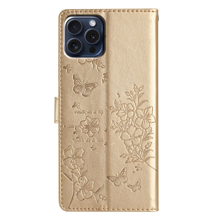 For iPhone 16 Pro Max Butterflies and Flowers Leather Phone Case(Gold) - iPhone 16 Pro Max Cases by PMC TechLife | Online Shopping South Africa | PMC TechLife | Buy Now Pay Later Mobicred