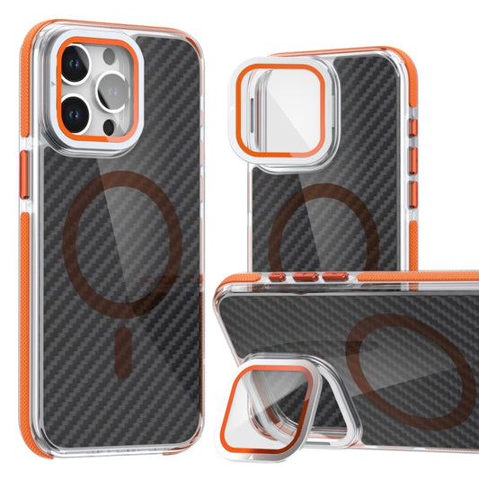 For iPhone 16 Pro Max Magsafe Dual-Color Carbon Fiber Lens Film Phone Case with Lens Fold Holder(Orange) - iPhone 16 Pro Max Cases by PMC Jewellery | Online Shopping South Africa | PMC Jewellery | Buy Now Pay Later Mobicred