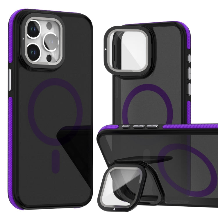 For iPhone 16 Pro Max Magsafe Dual-Color Skin Feel Lens Film Phone Case with Lens Fold Holder(Purple) - More iPhone Cases by PMC Jewellery | Online Shopping South Africa | PMC Jewellery | Buy Now Pay Later Mobicred