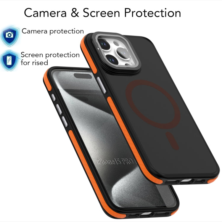 For iPhone 16 Plus Magsafe Dual-Color Skin Feel Lens Film Phone Case with Lens Fold Holder(Orange) - iPhone 16 Plus Cases by PMC Jewellery | Online Shopping South Africa | PMC Jewellery | Buy Now Pay Later Mobicred