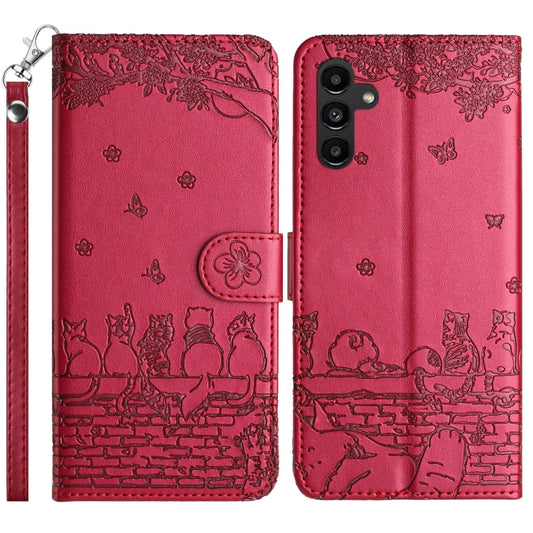 For Samsung Galaxy S25+ 5G Cat Embossing Pattern Leather Phone Case with Lanyard(Red) - Galaxy S25+ 5G Cases by PMC Jewellery | Online Shopping South Africa | PMC Jewellery | Buy Now Pay Later Mobicred