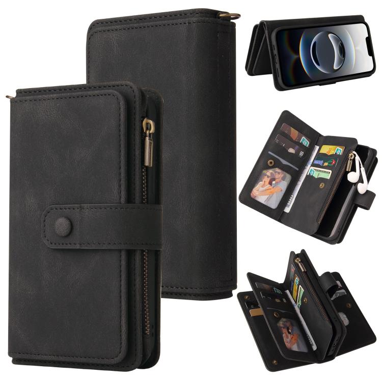 For iPhone 16e Skin Feel Multi Card Slots Zipper Wallet Leather Phone Case(Black) - iPhone 16e Cases by PMC TechLife | Online Shopping South Africa | PMC TechLife | Buy Now Pay Later Mobicred