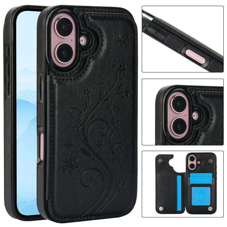 For iPhone 16 Double Buckle Butterfly Embossing PU Phone Case(Black) - iPhone 16 Cases by PMC Jewellery | Online Shopping South Africa | PMC Jewellery | Buy Now Pay Later Mobicred