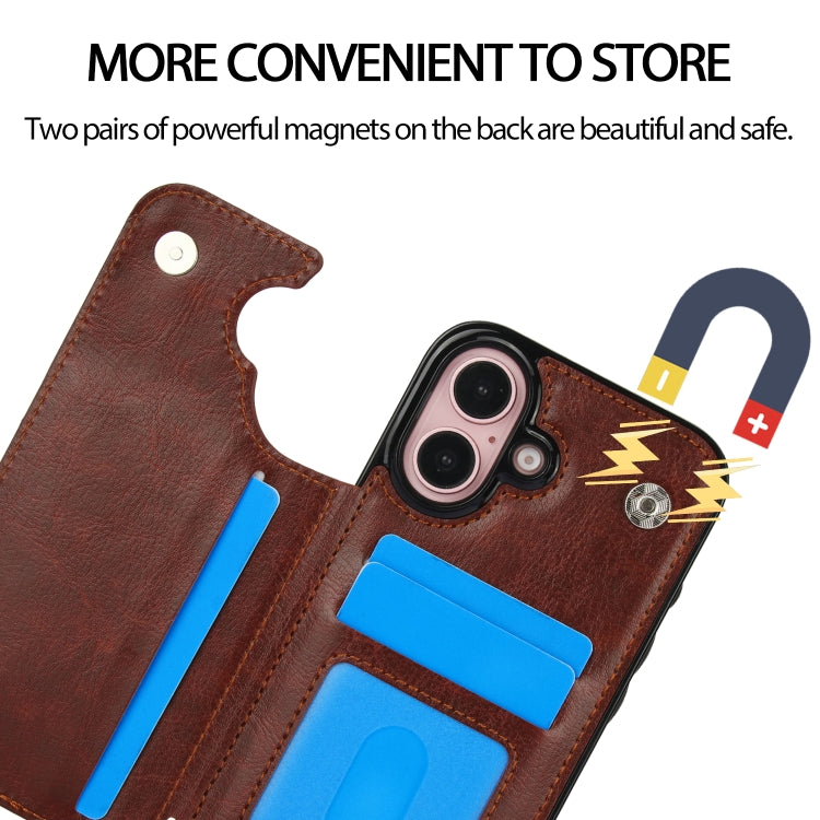 For iPhone 16 Plus Double Buckle Crazy Horse Texture PU Phone Case(Brown) - iPhone 16 Plus Cases by PMC TechLife | Online Shopping South Africa | PMC TechLife | Buy Now Pay Later Mobicred
