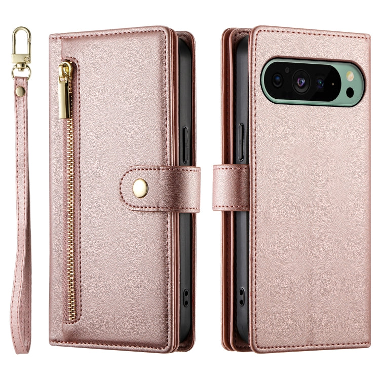 For Google Pixel 9 / 9 Pro Nine Card-slot Zipper Wallet Bag Leather Phone Case(Pink) - Google Cases by PMC Jewellery | Online Shopping South Africa | PMC Jewellery | Buy Now Pay Later Mobicred