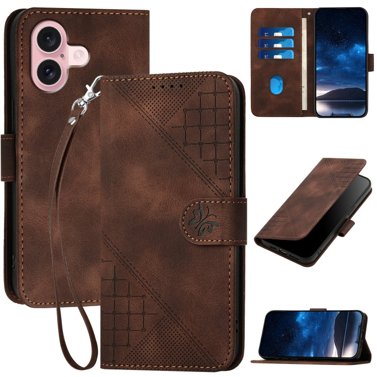 For iPhone 16 YX0080 Grid Butterfly Embossed Pattern Flip Leather Phone Case with Lanyard(Coffee) - iPhone 16 Cases by PMC Jewellery | Online Shopping South Africa | PMC Jewellery | Buy Now Pay Later Mobicred