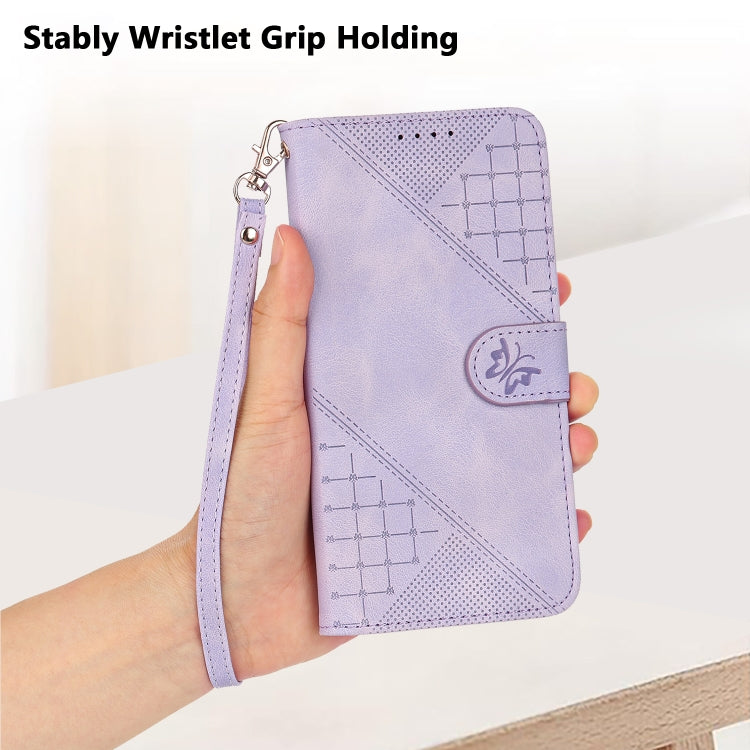 For iPhone 16e YX0080 Grid Butterfly Embossed Pattern Flip Leather Phone Case with Lanyard(Light Purple) - iPhone 16e Cases by PMC TechLife | Online Shopping South Africa | PMC TechLife | Buy Now Pay Later Mobicred