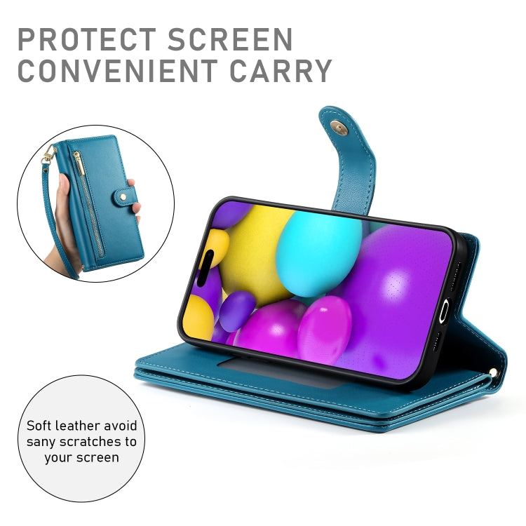 For iPhone 16 Plus Nine Card-slot Zipper Wallet Bag Leather Phone Case(Blue) - iPhone 16 Plus Cases by PMC TechLife | Online Shopping South Africa | PMC TechLife | Buy Now Pay Later Mobicred