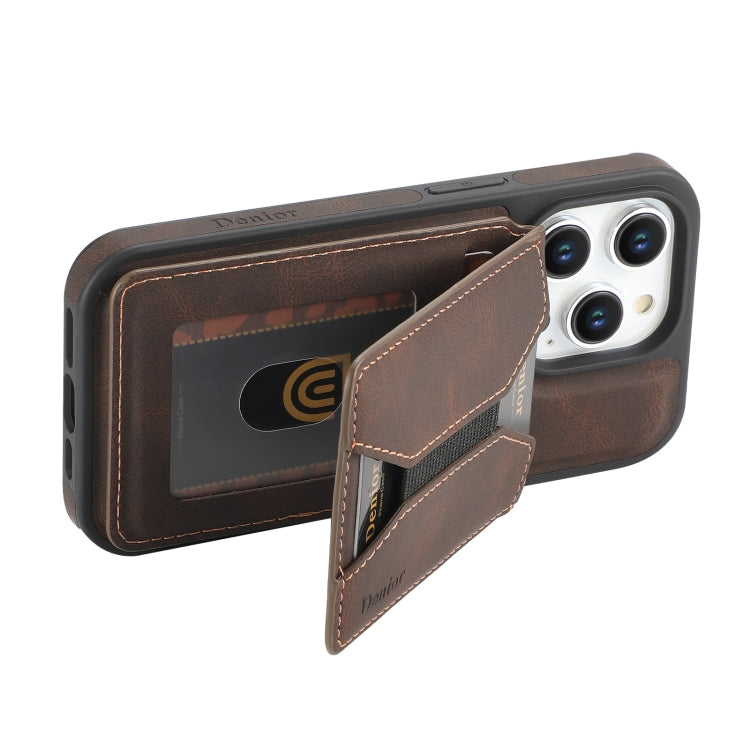 For iPhone 16 Denior D18 Skin Feel Rotating Holder MagSafe Detachable Card Slot Phone Case(Brown) - iPhone 16 Cases by Denior | Online Shopping South Africa | PMC Jewellery | Buy Now Pay Later Mobicred