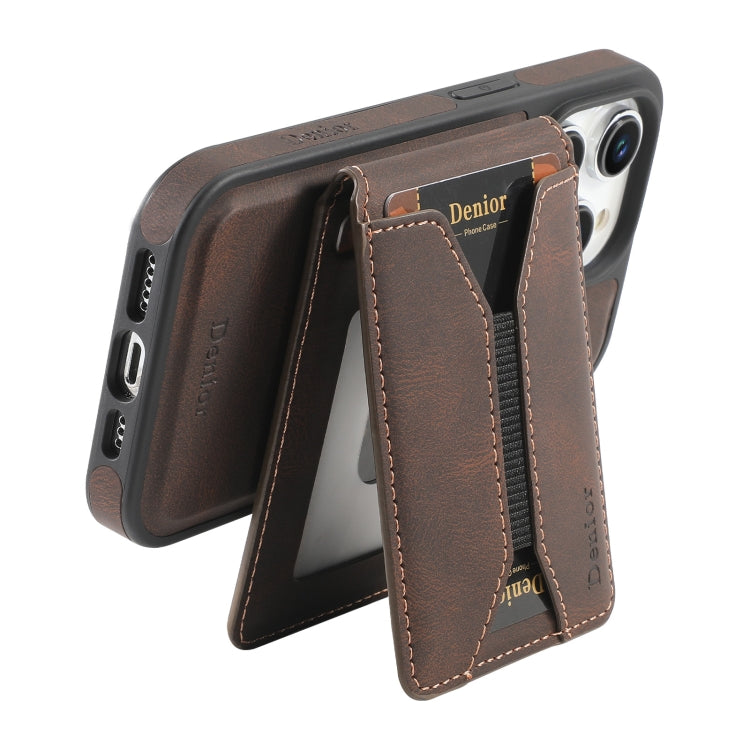 For iPhone 16 Plus Denior D18 Skin Feel Rotating Holder MagSafe Detachable Card Slot Phone Case(Brown) - iPhone 16 Plus Cases by Denior | Online Shopping South Africa | PMC Jewellery | Buy Now Pay Later Mobicred