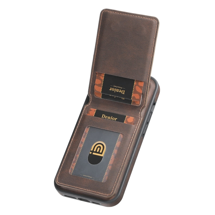 For iPhone 16 Pro Denior D18 Skin Feel Rotating Holder MagSafe Detachable Card Slot Phone Case(Brown) - iPhone 16 Pro Cases by Denior | Online Shopping South Africa | PMC Jewellery | Buy Now Pay Later Mobicred