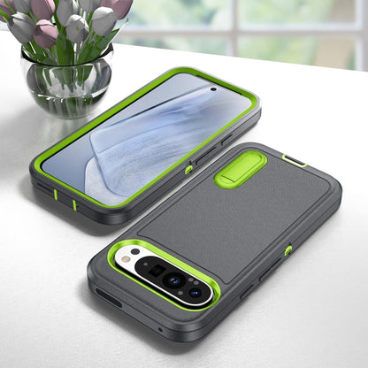 For Google Pixel 9 Rugged PC + Silicone Phone Case with Holder(Grey+Fresh Green) - Google Cases by PMC Jewellery | Online Shopping South Africa | PMC Jewellery | Buy Now Pay Later Mobicred