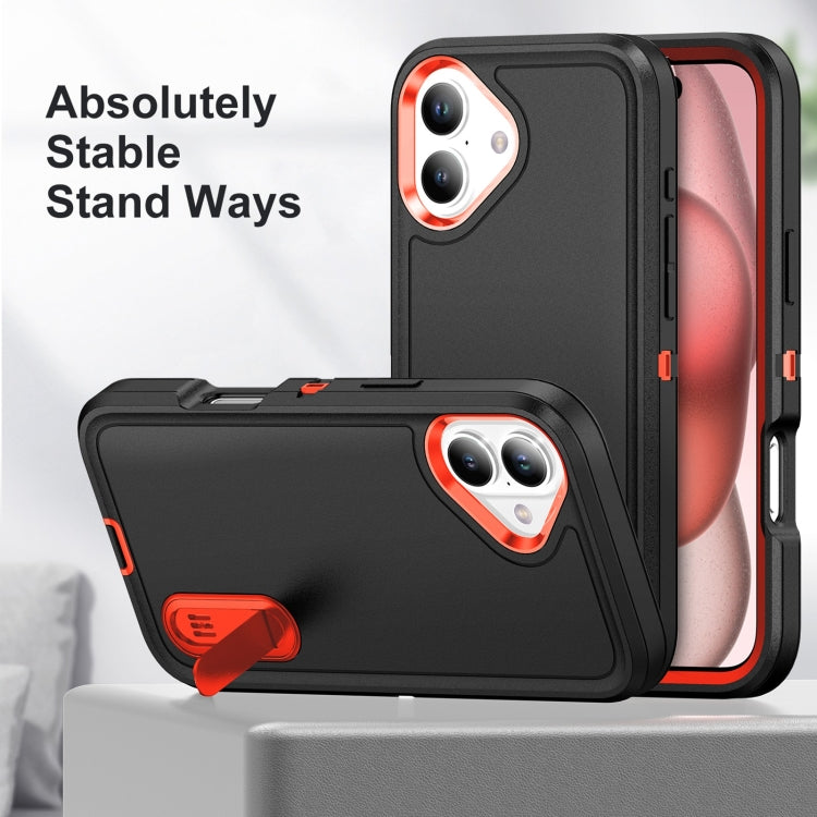 For iPhone 16 Plus Rugged PC + Silicone Phone Case with Holder(Black+Orange) - iPhone 16 Plus Cases by PMC TechLife | Online Shopping South Africa | PMC TechLife | Buy Now Pay Later Mobicred