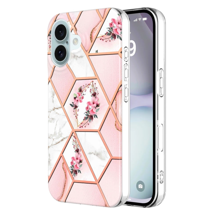 For iPhone 16 Splicing Marble Flower IMD TPU Phone Case(Pink Flower) - iPhone 16 Cases by PMC Jewellery | Online Shopping South Africa | PMC Jewellery | Buy Now Pay Later Mobicred