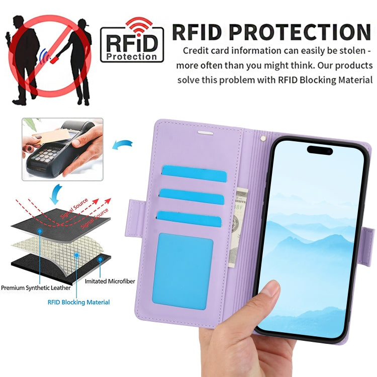 For iPhone 16 Plus Side Buckle RFID Anti-theft Leather Phone Case(Light Purple) - iPhone 16 Plus Cases by PMC Jewellery | Online Shopping South Africa | PMC Jewellery | Buy Now Pay Later Mobicred