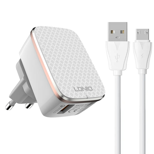 LDNIO A1204Q QC3.0 18W USB Fast Charger with 1m USB to Micro USB Cable, Plug Type:EU Plug(White Gold) - USB Charger by LDNIO | Online Shopping South Africa | PMC Jewellery | Buy Now Pay Later Mobicred