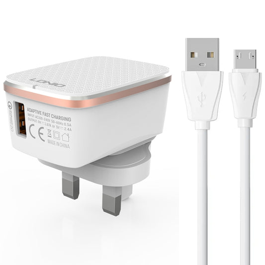 LDNIO A1204Q QC3.0 18W USB Fast Charger with 1m USB to Micro USB Cable, Plug Type:UK Plug(White Gold) - USB Charger by LDNIO | Online Shopping South Africa | PMC Jewellery | Buy Now Pay Later Mobicred