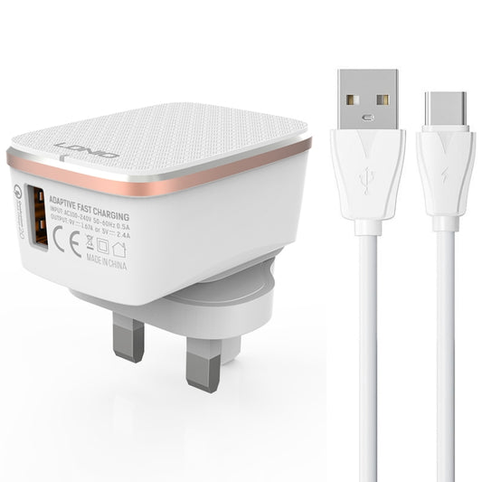 LDNIO A1204Q QC3.0 18W USB Fast Charger with 1m USB to USB-C / Type-C Cable, Plug Type:UK Plug(White Gold) - USB Charger by LDNIO | Online Shopping South Africa | PMC Jewellery | Buy Now Pay Later Mobicred