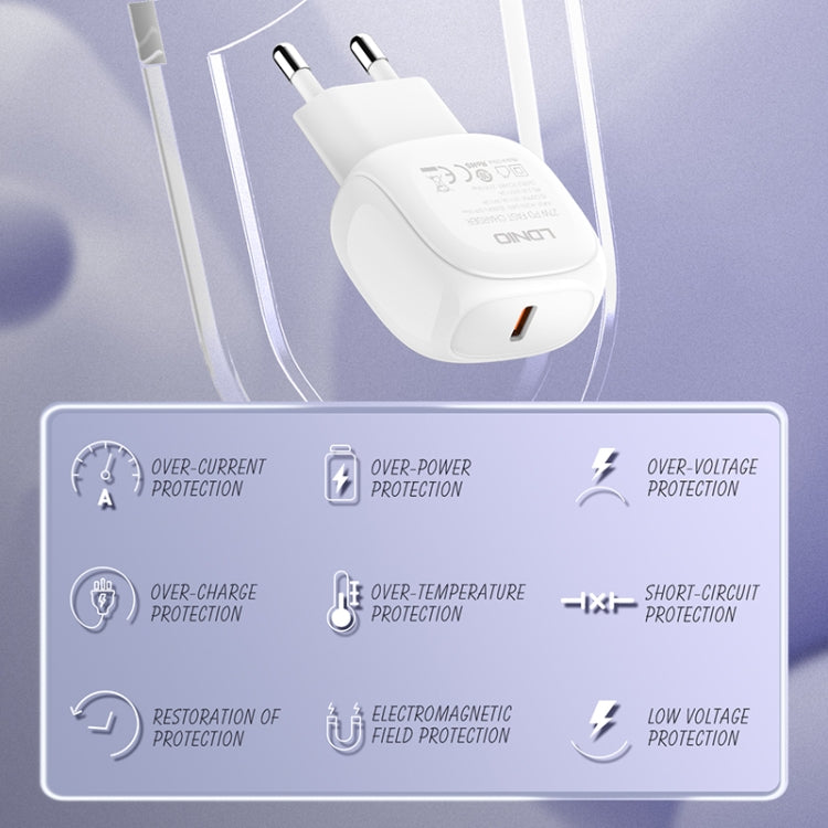 LDNIO A1206C PD27W USB-C / Type-C Fast Charger with 1m 8 Pin Cable, Plug Type:EU Plug(White) - USB Charger by LDNIO | Online Shopping South Africa | PMC Jewellery | Buy Now Pay Later Mobicred